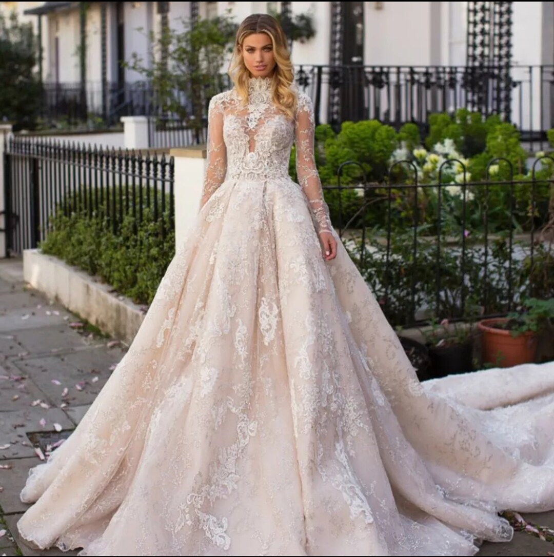 Bell Sleeved High Neck Beaded Gown