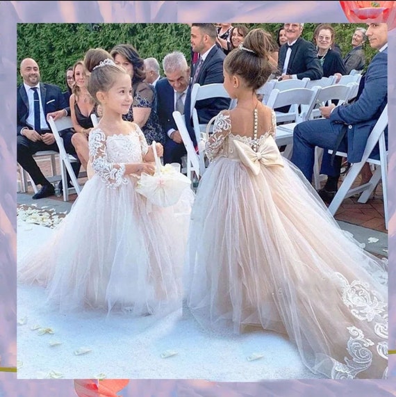 Fluffy Sleeves Beaded Peach Tulle Organza Wedding Flower Girl Dress Ki -  Princessly