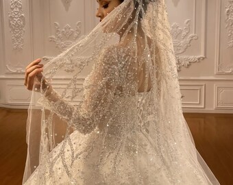 Sequin Beaded Sparkling Lace Shimmering Tulle Bridal Veil