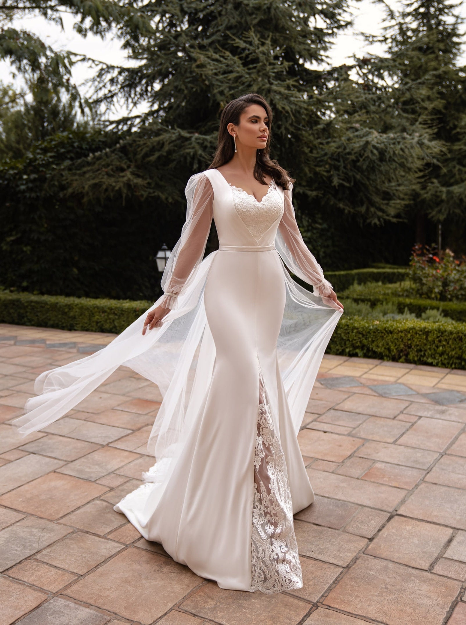 Illusion Tulle Wedding Robe With Sheer Details And Tiered Ruffles