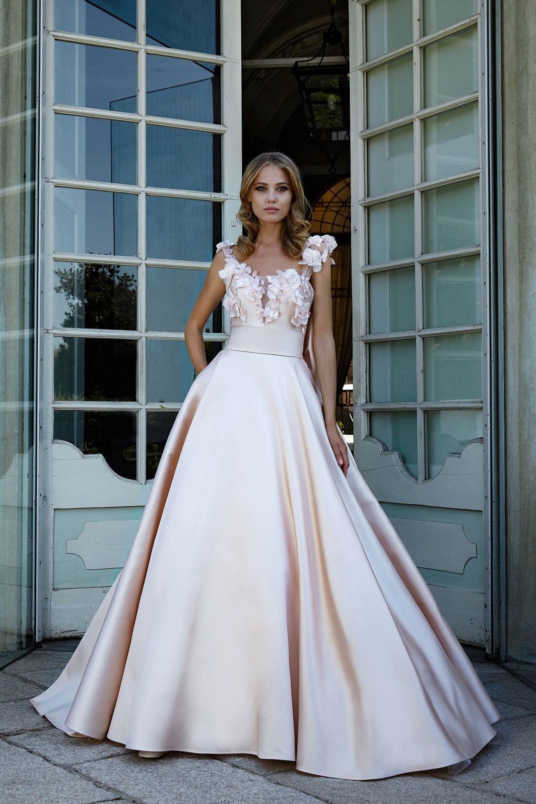 Deep Green Satin Off-the-Shoulder Gown With 3D Floral Embellishments & High Side Slit