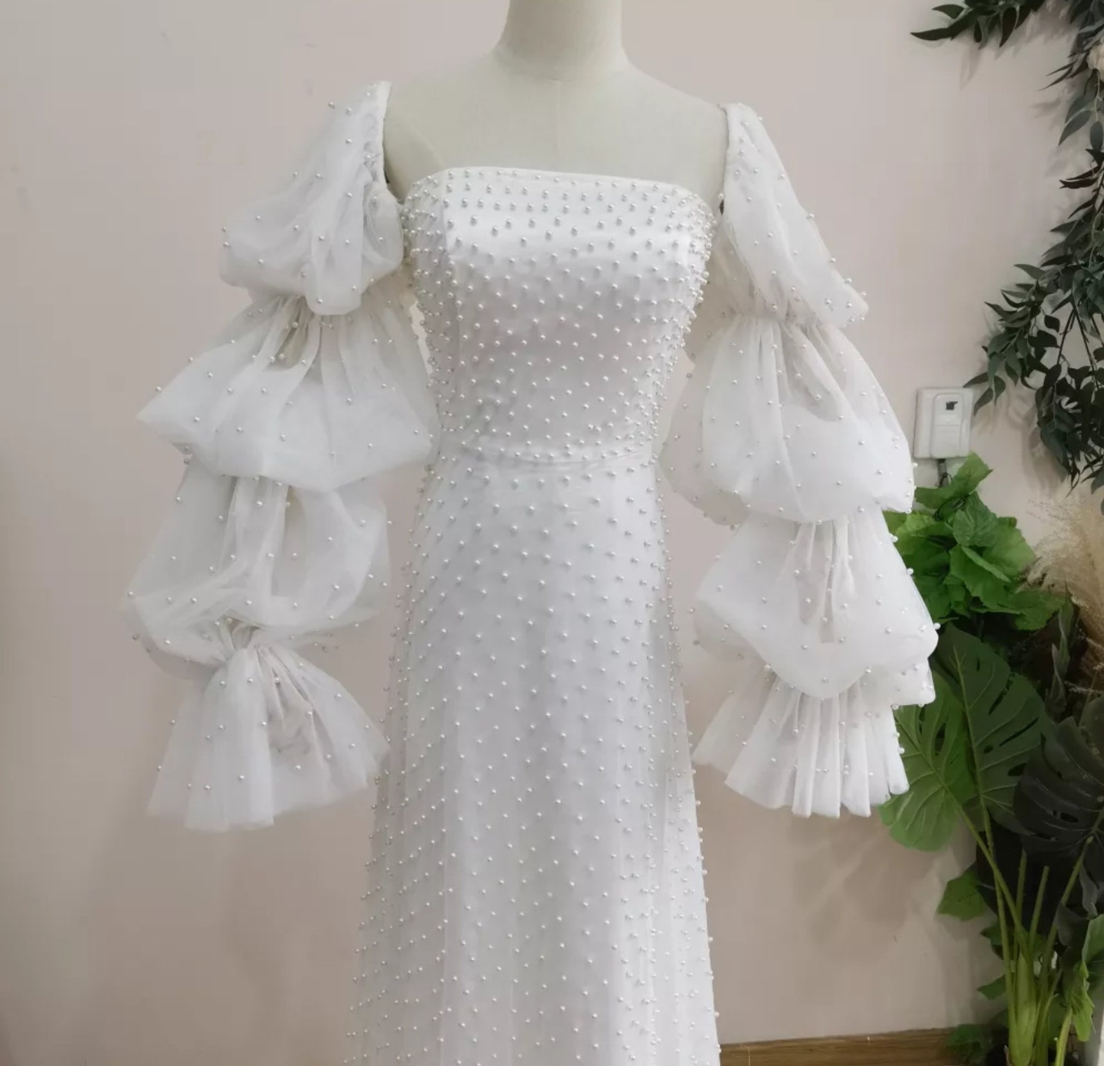 Long Marmaluke Sleeved Chiffon & Lace Pearl Beaded Dress - Etsy