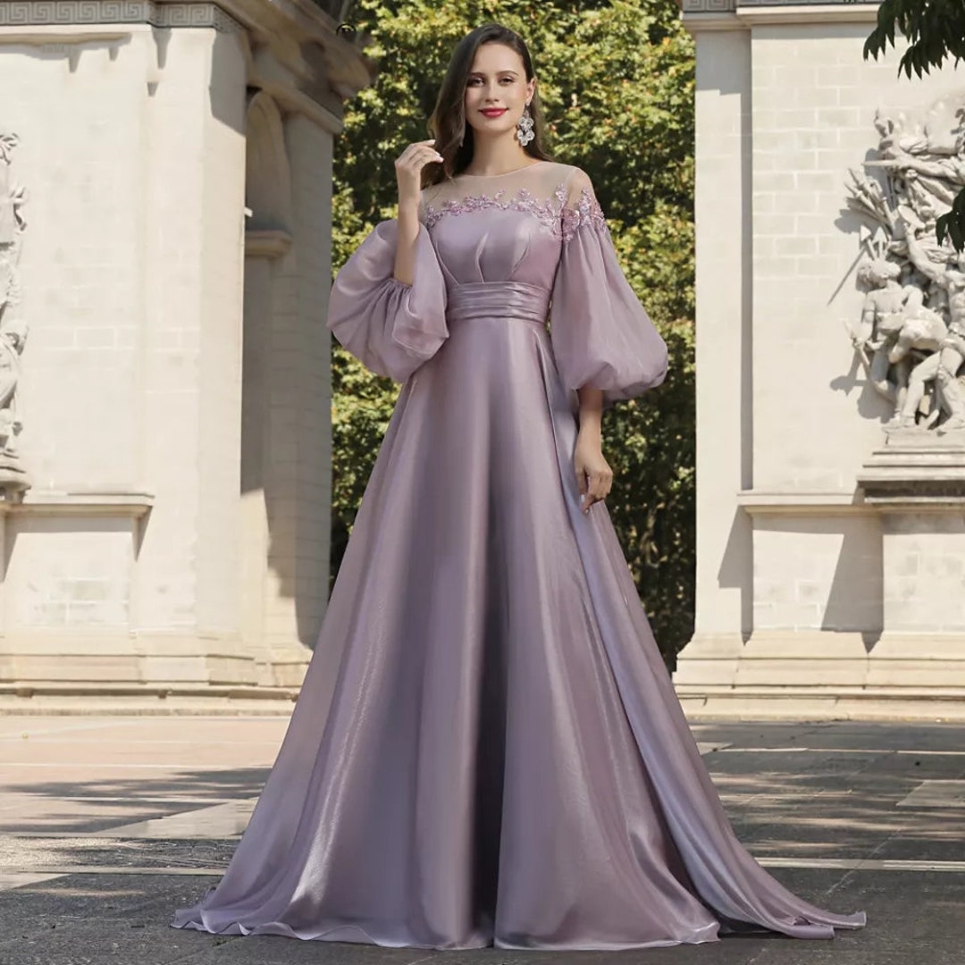 Unique puff sleeves satin long prom dress, puff satin long evening dre –  dresstby