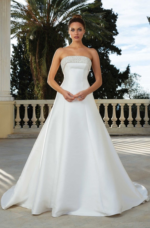 Satin Strapless Embellished Square Neck Wedding Gown 