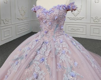 Cute Square Neckline Purple Tulle Hand-Made-Flowers Ball Gown Long