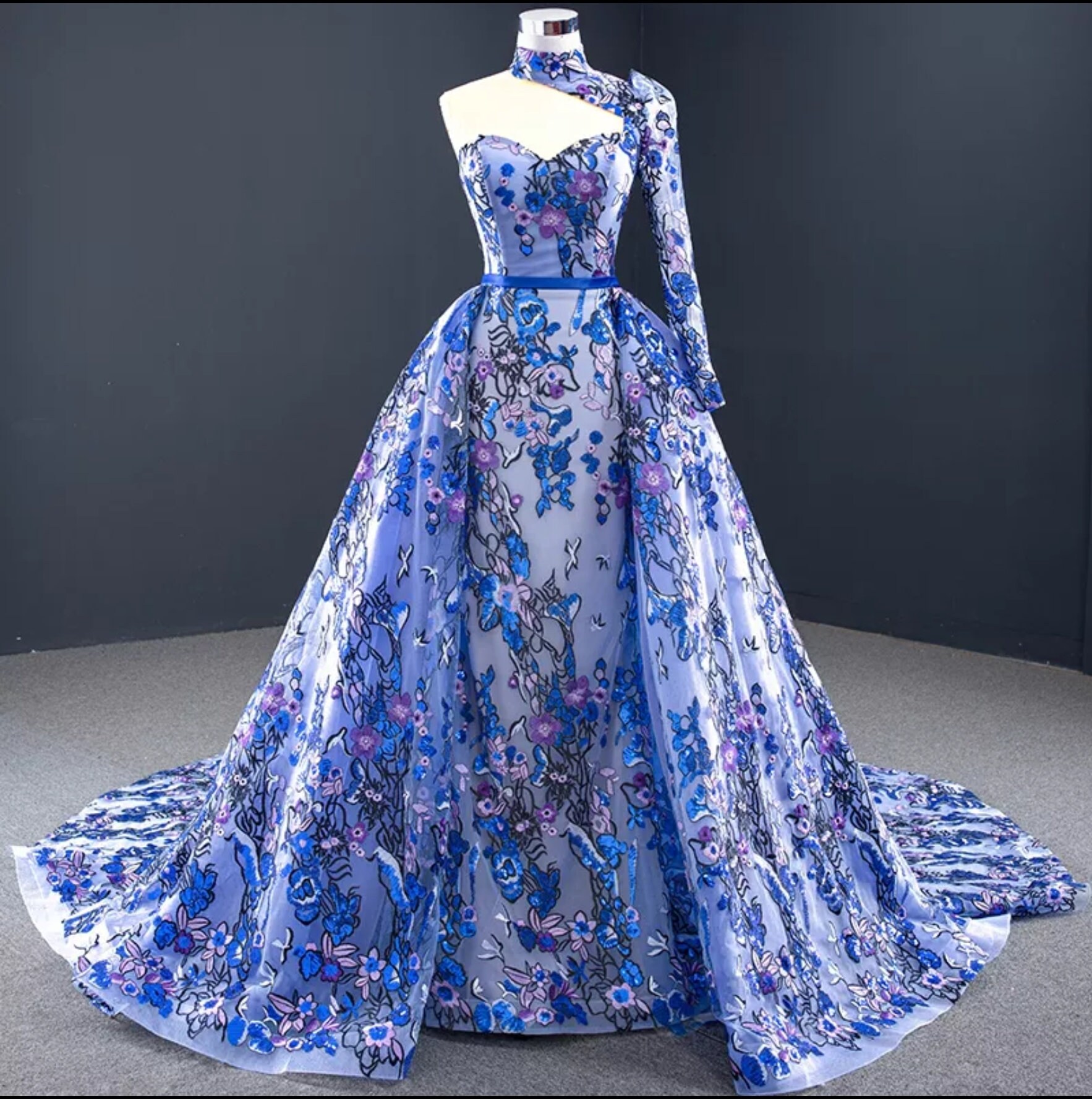 One Sided Halter Shoulder Blue Floral Sweetheart Gown With