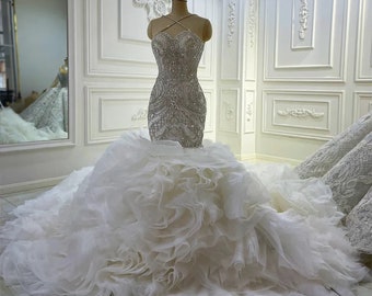 Breathtaking Sleeveless Crystal Beaded Criss-Cross Neckline With Multi Beaded Bodice And Layered Frill Fishtail Gown