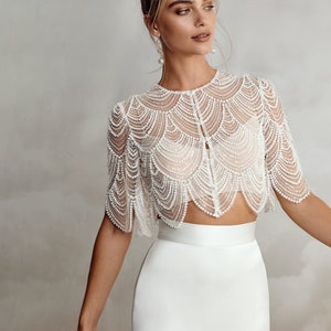 Beautiful Ornate Beaded Layered Scalloped Hem Bridal Special Occasion Party Bolero