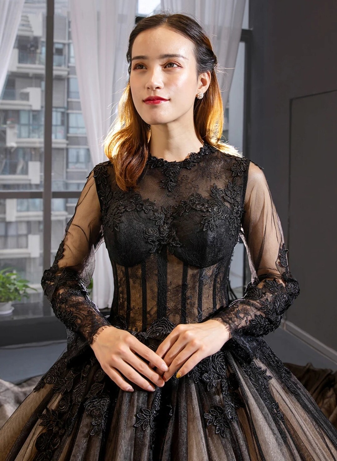 Lace Corset Style Long Sleeve Sweetheart Appliqué Non Traditional ...