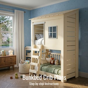 May include: A cream-colored bunk bed with a house-like structure on top, featuring a small window and a ladder. The lower bunk has a green blanket and stuffed animals. The text "Bunkbed Crib Plans" is visible at the bottom.
