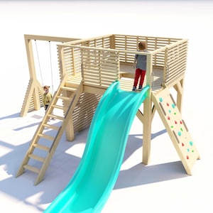 May include: A wooden playground structure featuring a raised platform with slatted railings, a bright turquoise slide, a ladder, a climbing wall with colorful handholds, and a swing set attachment. The structure is constructed from light-colored wood.