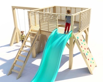 Outdoor Playhouse Plans – Treehouse Style Kids Playhouse with Slide (8x8 ft)