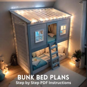 May include: A gray wooden bunk bed designed like a small house with a slanted roof, a ladder, and two levels of sleeping areas. The structure features white-framed windows and is decorated with warm string lights. Text reads BUNK BED PLANS Step by Step PDF Instructions.
