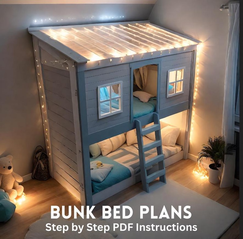 May include: A gray wooden bunk bed designed like a small house with a slanted roof, a ladder, and two levels of sleeping areas. The structure features white-framed windows and is decorated with warm string lights. Text reads BUNK BED PLANS Step by Step PDF Instructions.