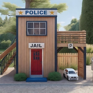May include: A wooden playhouse designed as a police station with a jail cell. The building has a red door, a blue step, and a sign that says "JAIL". A white car is parked in front of the playhouse.