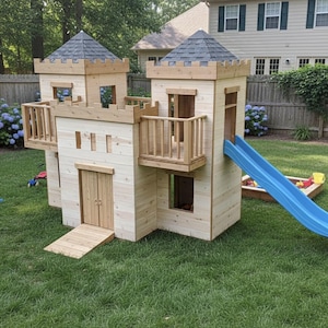 Outdoor Playhouse Plans – Large Castle Playhouse with Slide and Balcony (6ft 4in x 12ft 10in)