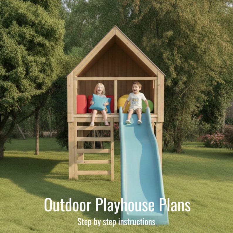Custom Modern Playhouse Plans – Elevated Outdoor Fort With Slide (PDF ...