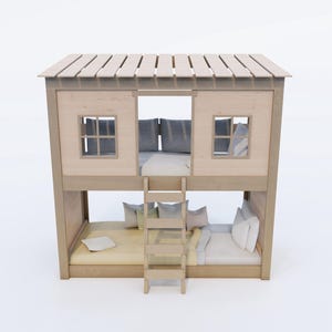 May include: A light-colored wooden bunk bed structure featuring a house-like design with a slatted roof, two windows on the upper level, and a central ladder. The lower level contains a mattress with pillows, while the upper level has cushions.