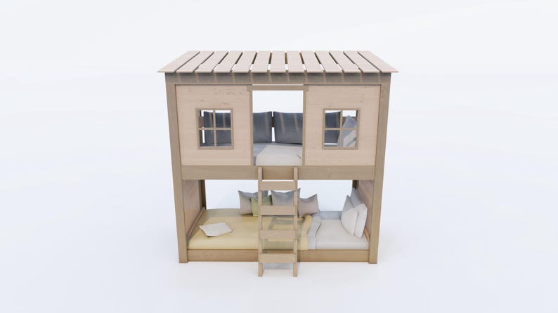 May include: A light-colored wooden bunk bed structure featuring a house-like design with a slatted roof, two windows on the upper level, and a central ladder. The lower level contains a mattress with pillows, while the upper level has cushions.