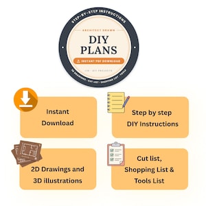 May include: A circular graphic with the text "STEP-BY-STEP INSTRUCTIONS", "ARCHITECT DRAWN", "DIY PLANS", "INSTANT PDF DOWNLOAD", and "3D DRAWINGS - CUT LIST - SHOPPING LIST - TOOLS". Four orange rectangles display icons for download, notes, 2D drawings, and a clipboard.