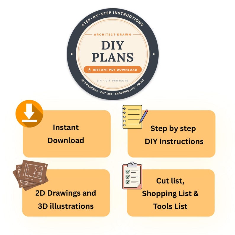 May include: A circular graphic with the text "STEP-BY-STEP INSTRUCTIONS", "ARCHITECT DRAWN", "DIY PLANS", "INSTANT PDF DOWNLOAD", and "3D DRAWINGS - CUT LIST - SHOPPING LIST - TOOLS". Four orange rectangles display icons for download, notes, 2D drawings, and a clipboard.