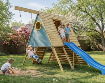 Outdoor Playhouse Plans – A-Frame Kids Playhouse with Climbing Wall and Slide (6ft 11inx11ft)