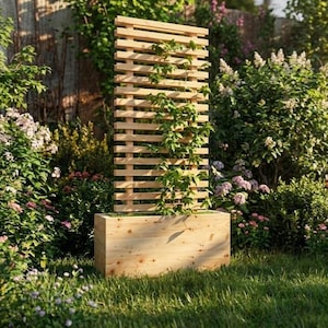 Puede incluir: Un enrejado de madera con una jardinera rectangular. El enrejado está hecho de listones de madera horizontales y verticales, y está parcialmente cubierto de vides verdes. La jardinera está llena de hierba verde.