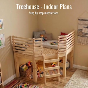 Corner Loft Playhouse Bed Plans | DIY Kids Indoor Treehouse Woodworking - PDF Download