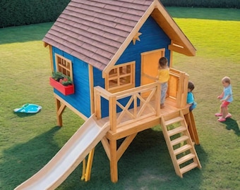 May include: A blue and brown wooden playhouse with a slide, stairs, and a small deck. The playhouse has a brown shingled roof, a red flower box, and a star-shaped design. Children are playing on the deck and in the yard.