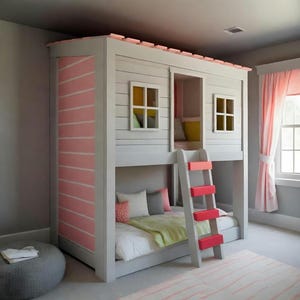 May include: A bunk bed designed like a house with a light gray frame, pink side panels, and a pink roof trim. The structure features two square windows, a central opening for access, and a ladder with bright pink rungs leading to the top bunk.