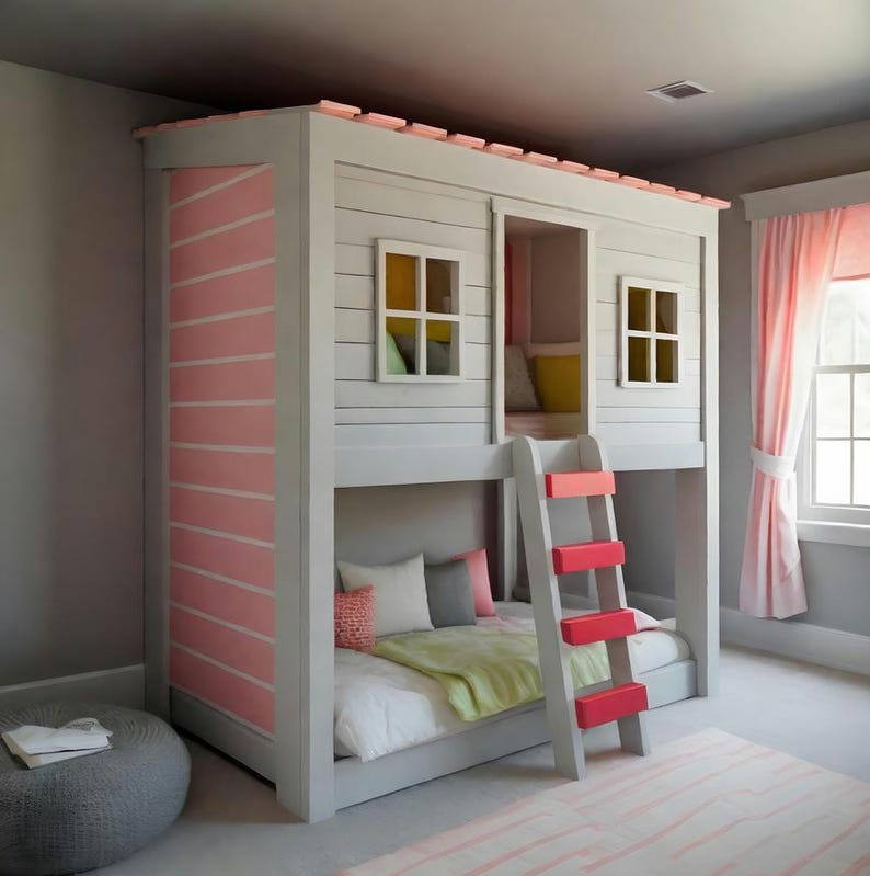 May include: A bunk bed designed like a house with a light gray frame, pink side panels, and a pink roof trim. The structure features two square windows, a central opening for access, and a ladder with bright pink rungs leading to the top bunk.