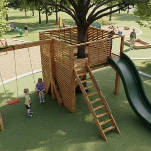 Progetti per casette da gioco all'aperto - Casetta da gioco per bambini in stile casa sull'albero con scivolo (8 x 8 piedi)