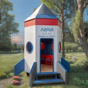 Könnte beinhalten: Ein weißes, rotes und blaues raketenförmiges Spielhaus mit dem NASA-Logo und Text. Das Spielhaus hat eine Tür, Bullaugenfenster und eine kleine Treppe. Es befindet sich in einer grasbewachsenen Gegend mit Bäumen.