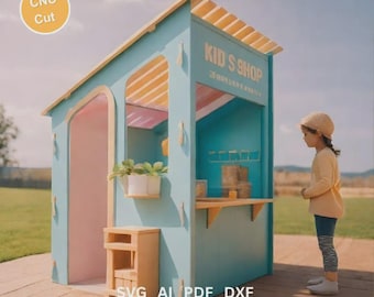 Può includere: Una casetta di gioco turchese con un'insegna "KID'S SHOP". La casetta ha un tetto in legno e un tavolino in legno. Il testo "CNC Cut Playhouse Plans" è in basso. L'immagine include anche il testo "SVG AI PDF DXF".