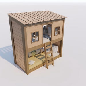 May include: A wooden bunk bed structure designed like a small house with a slanted roof, two levels, and a central ladder. The upper level features two windows and an open entrance, while the lower level has a mattress with several pillows.