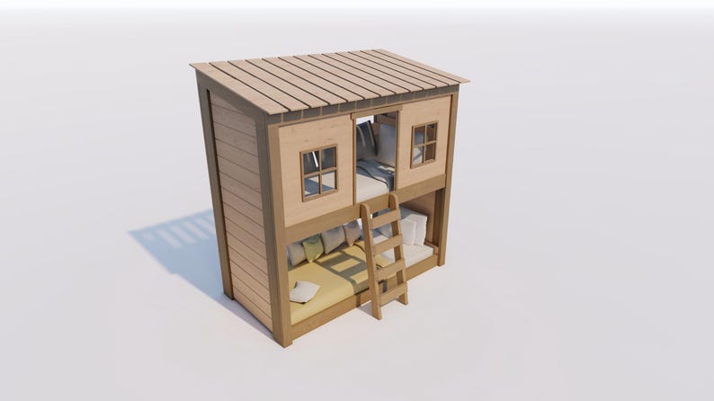 May include: A wooden bunk bed structure designed like a small house with a slanted roof, two levels, and a central ladder. The upper level features two windows and an open entrance, while the lower level has a mattress with several pillows.