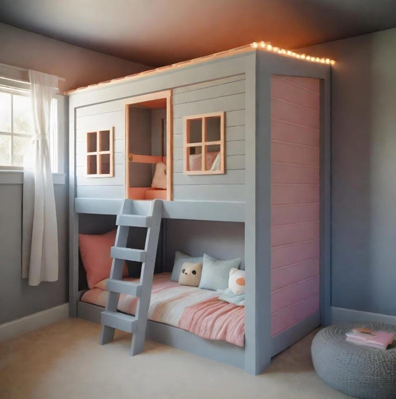 May include: A gray and light pink bunk bed designed like a house with a ladder, two windows, and a top loft area. The bed features horizontal wood paneling, a pink side panel, and string lights along the roofline. Bedding includes pink pillows.