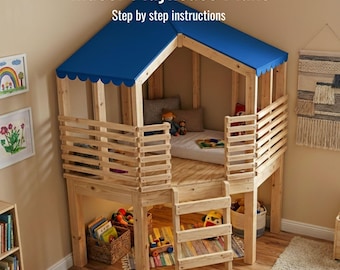 Puede incluir: Una casa de juegos interior de madera con techo azul e instrucciones paso a paso. La casa de juegos tiene una escalera, una cama y una barandilla. Los juguetes y libros se guardan debajo. El texto "Indoor Playhouse Plans" está en la parte superior.