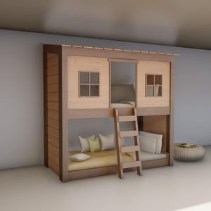 May include: A wooden bunk bed designed like a house with a lower sleeping area featuring a yellow mattress and white pillows, and an upper loft section with two windows. A wooden ladder is attached to the front to access the upper level.