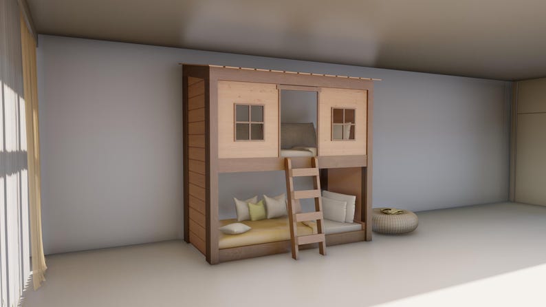 May include: A wooden bunk bed designed like a house with a lower sleeping area featuring a yellow mattress and white pillows, and an upper loft section with two windows. A wooden ladder is attached to the front to access the upper level.