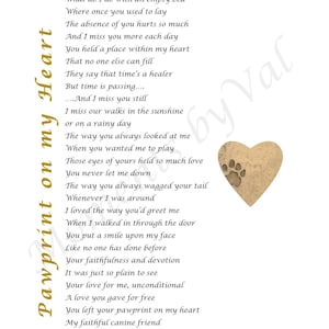 PAWPRINT on MY HEART - A Heartfelt Poem for those grieving the loss of a Beloved Dog - A4 Instant Download - Ready To Frame In Minutes