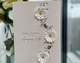 Wife Birthday Card, Amazing Wife Card, Wife Card, Bee & Daisy Birthday Card, Wooden Bees, Wife Bee Card, Handmade Card, Keepsake