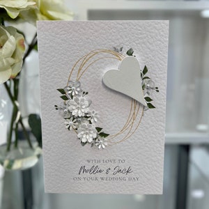 Carte de mariage personnalisée, carte de mariage coeur en bois, carte de mariage simple, carte de mariage floral, carte faite à la main, fleurs en papier blanc 3d