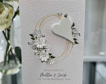 Personalised Wedding Card, Wooden Heart Wedding Card, Simple Wedding Card, Floral Wedding Card, Handmade Card, White 3d Paper Flowers