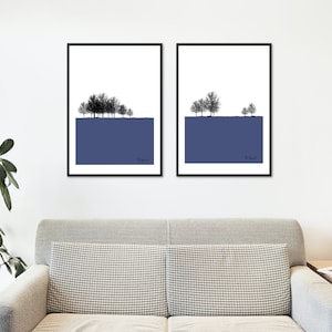 Original Digital Prints, Blue Coloured Pair of Prints, Blue Print, Minimalist Print, Tree Poster, Wall Art, Tree Print Wall Art, Blue  Decor