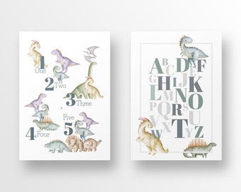 PNG File, Alphabet Dinosaur, Dinosaur Numbers, Set Of Two, Digital Nursery Prints, Nursery PNG, Digital Download, Print Yourself Print