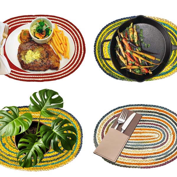 Set of 6 Handmade Oval Jute Placemats (40*30cm)|Heat Resistant Rustic Braided Place Mats| Unique House Warming Gifts |Eco Decor Tableware