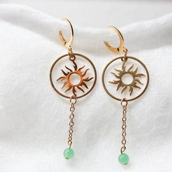 Boucles d'oreilles breloque soleil, perle aventurine "Ondine"