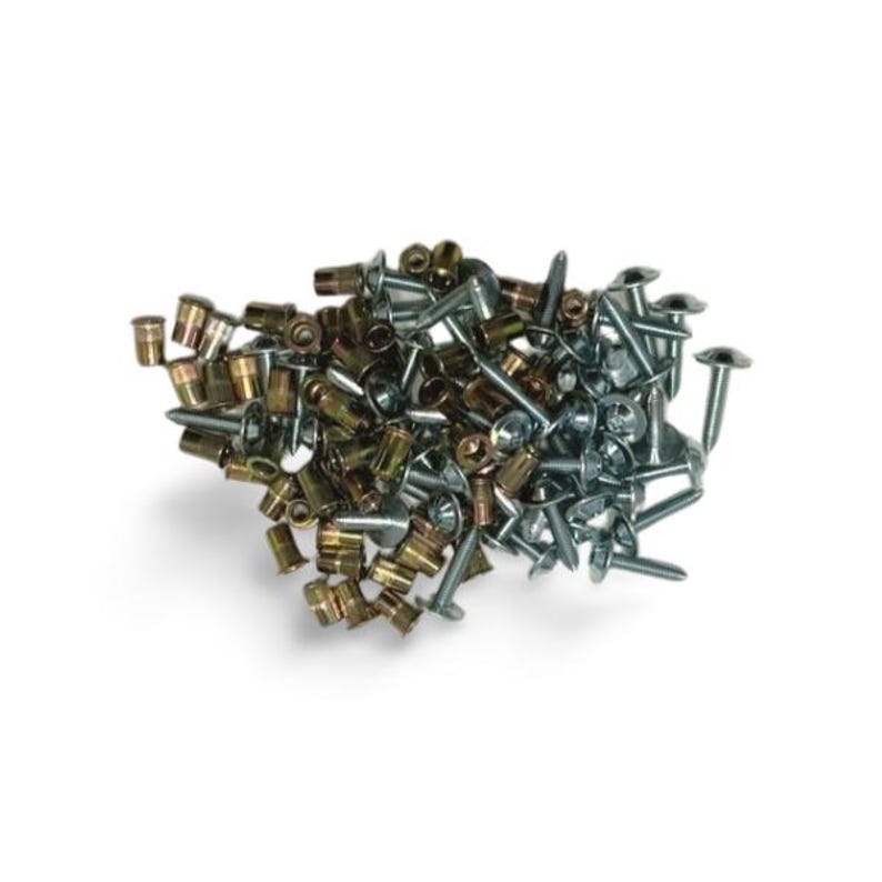 May include: A pile of various metal fasteners, including rivets and screws, in shades of silver and gold. The fasteners have different head shapes and sizes, suitable for construction or repair projects. The image is set against a white background.