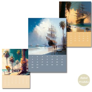 以下が含まれることがあります： 帆船、ヤシの木、ビーチの人が描かれた海岸の風景が特徴の3つのカレンダー。8月のカレンダーページが1つ表示されています。カレンダーにはデジタル製品のロゴがあります。